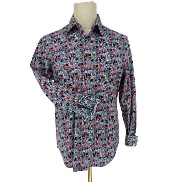 Robert Graham Woven Button Front Long Sleeve Shirt 80s Geometric Rainbow Print M - Picture 1 of 9